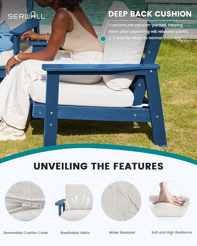 SERWALL Outdoor Loveseat, Blue Frame and Khaki Cushion