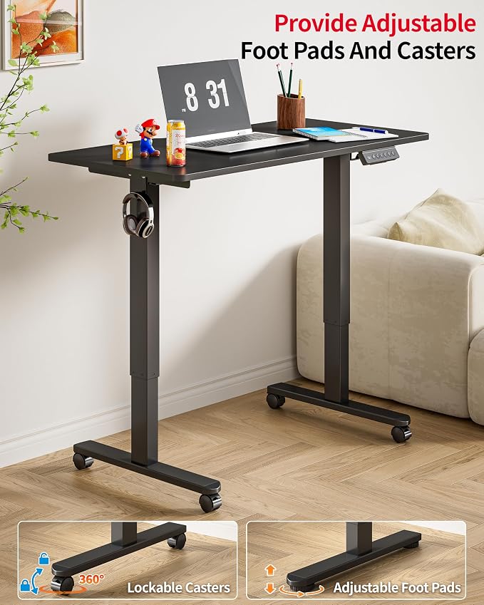 Okin Standing Desk Electric Adjustable Computer Whole Piece Stand up Desk with Wheels Office Gaming Home Office Memory Desks 48x24 inches Black