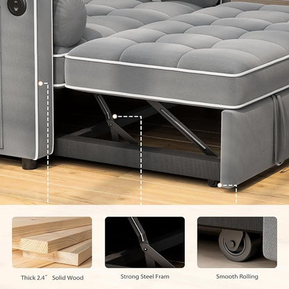 Pipishell 3 in 1 Sleeper Sofa Bed, Pull Out Couch with USB & Type-C Ports, Deep Seat Convertible Loveseat Sofa, Adjustable Backrest, Side Pockets, Velvet Futon Couch for Living Room, Grey