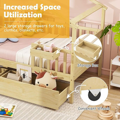 Giantex Twin House Bed with Drawers, Wooden Twin Bed Frame with Cube Storage & Fence Rails, Montessori Beds for Kids Boys, Girls, Bedroom, Living Room, No Box Spring Needed, Natural