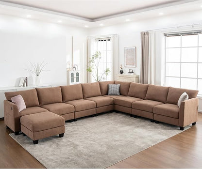 150.4" Large Sectional Couches for Living Room, 8 Seater L Shaped Modular Sectional Sofa with Storage Ottoman & USB, Oversized Corner Couch for Living Room（Brown）