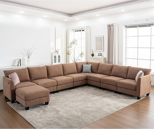 150.4" Large Sectional Couches for Living Room, 8 Seater L Shaped Modular Sectional Sofa with Storage Ottoman & USB, Oversized Corner Couch for Living Room（Brown）