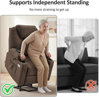 MCombo Small Power Lift Recliner Chair Sofa with Massage and Heat for Petite Elderly, 3 Positions and USB Ports, Extended Footrest, Fabric 7141 (Coffee)