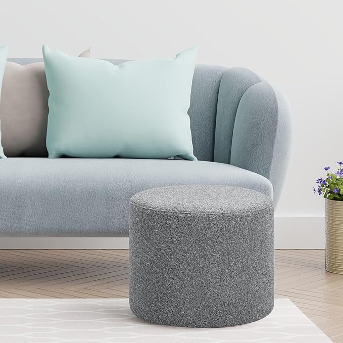 Studio Living Wentworth 19" Round Ottoman, Urban Transitional, Fully Assembled, Faux Sherpa Fabric, Gray