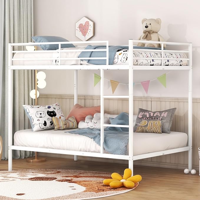 EMKK Metal Bunk Bed Full Over Full with Safety Guardrails,Bedframe,Bunk Beds for Dorm,Bedroom,Guest Room,Heavy Duty Metal Slats, Noise Free, No Box Spring Needed, White