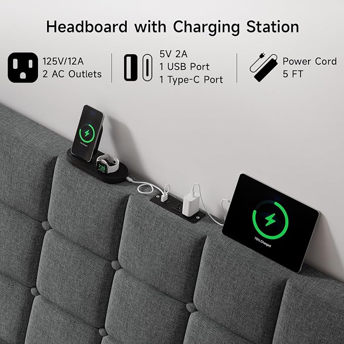 Ergonomic Upholstered Headboard Queen Size w/Charging Station, Linen Wingback Headboards w/Storage Pocket, Queen Headboard Only, Bed Frame Adapters, Sturdy Stable Solid Wood Bed Head Board, Dark Grey