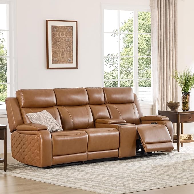Watson & Whitely Genuine Leather Power Recliner Sofa with Console, 3 Seater Zero Gravity Reclining Sofa with Power Headrest & Flip Middle Backrest Table, Cup Holders for Living Room, Saddle Brown