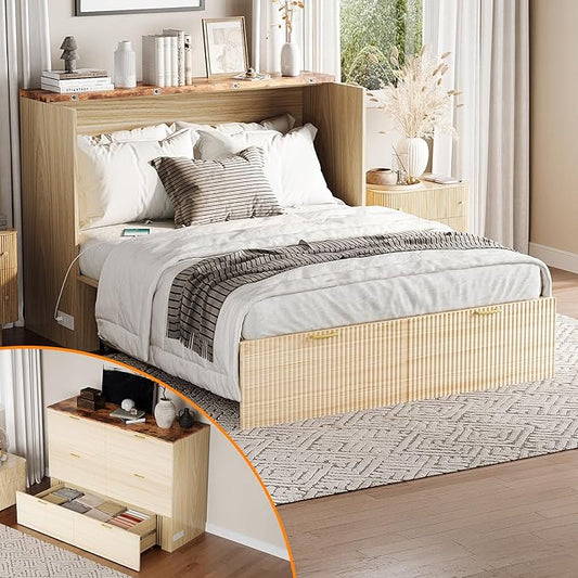 VINGLI Full Murphy Bed with Storage Drawer,2 Charging Station,Fluted Wooden Foldable Bed Cabinet,Boho,Hideaway Paltform Panel Bed for Small Spaces,Guest Room,Office,Apartment,Beige