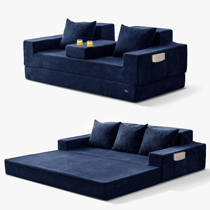 MAXYOYO Convertible Sofa Bed, 80" Oversized Boneless Loveseat Couch 4 in 1 Foldable Floor Sofa Couch in A Box with 2 Cup Holders, Folding Chair for Living Room, No Assembly Required, Navy