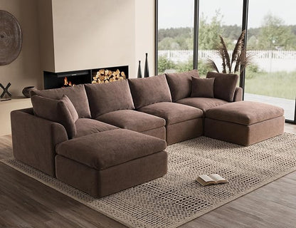 ohllob Oversized Cloud Sectional Couches for Living Room, Boneless U Shaped Couch with Ottoman, 4 Seater Modular Sectional Sofa, Brown