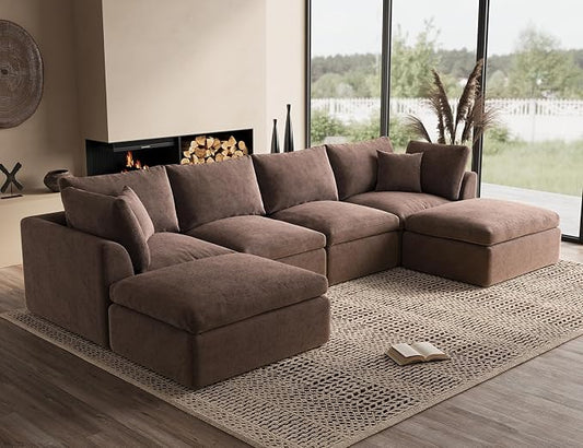 ohllob Oversized Cloud Sectional Couches for Living Room, Boneless U Shaped Couch with Ottoman, 4 Seater Modular Sectional Sofa, Brown