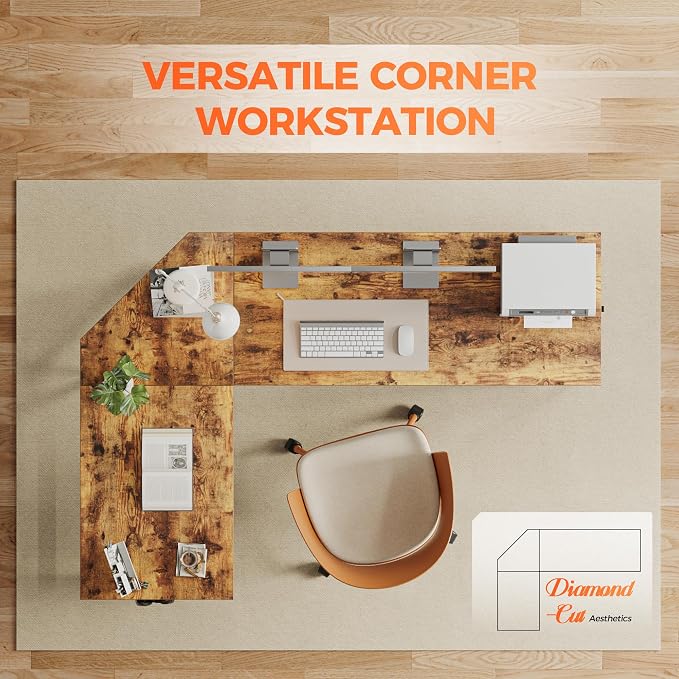 Mericonia 59 inch Large L Shaped Desk, Simple Corner Gaming Desk with CPU Stand & Hooks, Computer Desk for Home, Bedroom & Office Workspace, Rustic Brown