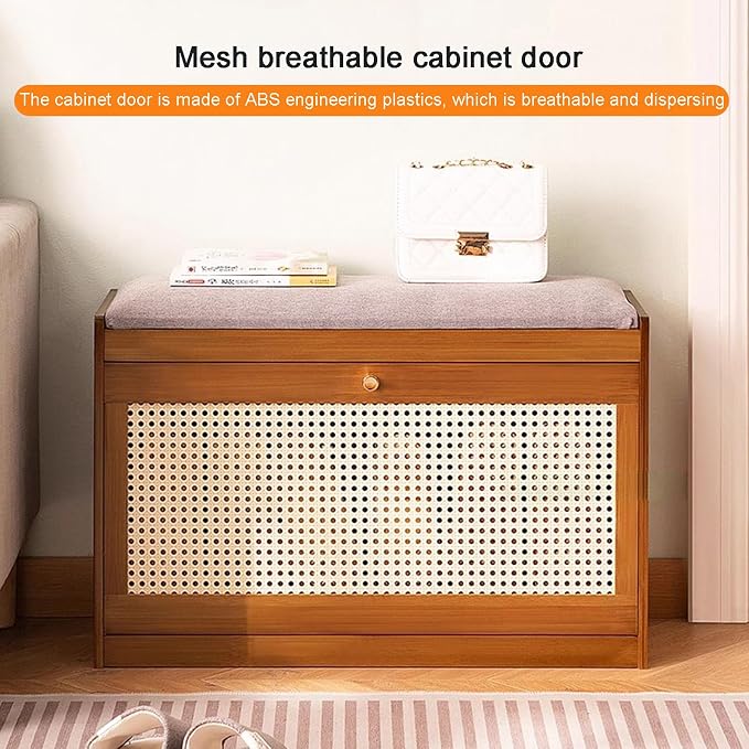 Entryway Storage Bench with Cushioned Seat Shoe Rack, 2-Tier Wooden Shoe Organizer Cabinet for Closet, Entryway, Hallway, Bedroom (Brown-50 x 24 x 44 cm