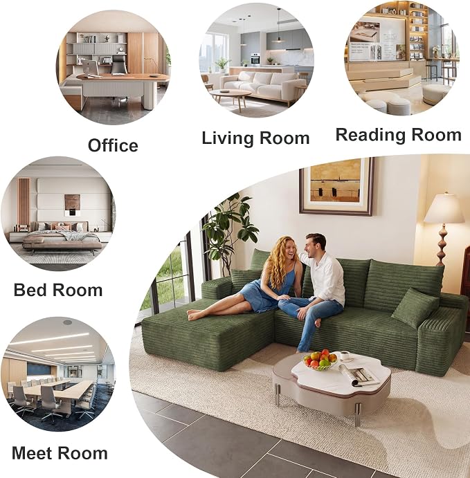 95" Cloud Sectional Couch with L-Shape Chaise, Modular Comfy Sofa Chaise Longue, Upholstered Corduroy Couches Sleeper with Deep Seat for Living Room Bedroom, No Assembly Required(Green, Left Facing)