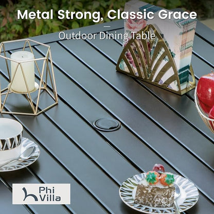 PHI VILLA 5pc Outdoor Table and Chairs,37" Square Table w/Umbrella Hole | Perfect for patio, deck, porch, backyard. Includes 1 black square metal table and 4 stackable wrought iron chairs.