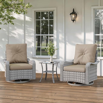 3-Piece Patio Furniture Set, Outdoor Swivel Rocking Chairs with 4" Thick Cushions & Side Table, All-Weather PE Rattan & Rust-Resistant Steel Frame Conversation Set for Porch, Garden, Backyard, Beige