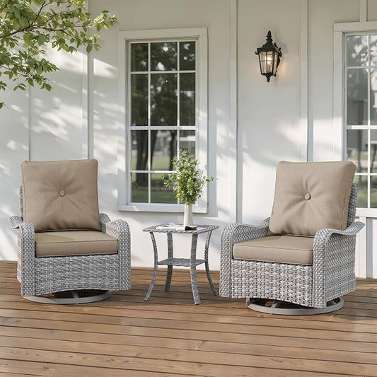 3-Piece Patio Furniture Set, Outdoor Swivel Rocking Chairs with 4" Thick Cushions & Side Table, All-Weather PE Rattan & Rust-Resistant Steel Frame Conversation Set for Porch, Garden, Backyard, Beige