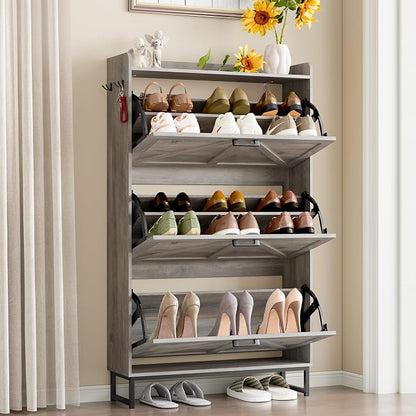 BORNOON Shoe Cabinet with 3 Flip Drawers Narrow Shoe Storage Cabinet Organizer Wooden Freestanding Shoe Rack Hidden Slim Shoes Storage Cabinet for Entryway, Hallway, Living Room, Bedroom