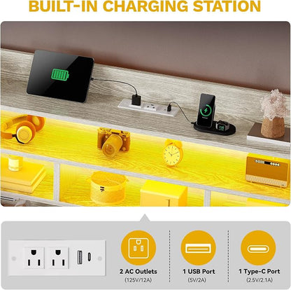DWVO King Size Bed Frame with RGB LED Lights & Storage Bookcase Headboard, Upholstered Bed with Charging Station and 4 Drawers, No Box Spring Needed, Easy Assembly, Noise-Free, PU Leather White
