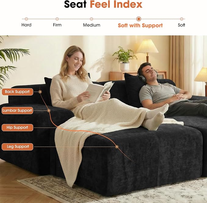 83.5" Boneless Loveseat with 2 Ottoman, Cloud Comfy Sofa Bed, Modular Sofa for Living Room, Apartment, Bedroom, Hotel, No Assembly Required (Dark Gray)
