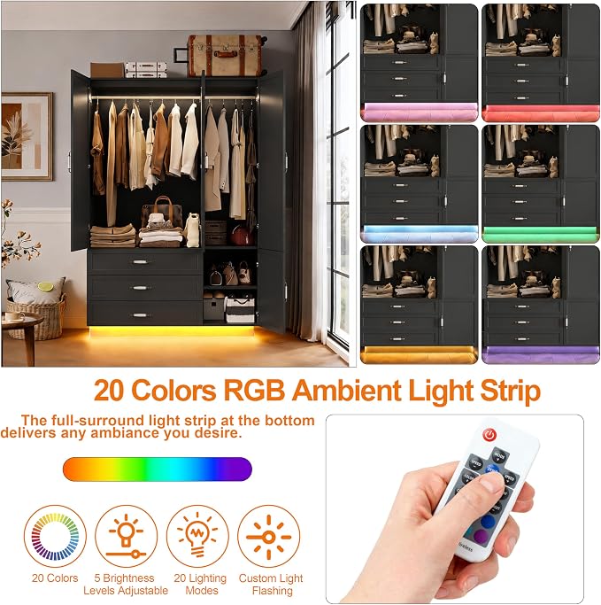 72" Armoire Wardrobe Closet with 3 Door Wooden Bedroom Armoire with LED Light 3 Drawers Large Modern Wardrobe Cabinet with Retro Ceramic Door Handles and Removable Hanging Rod Black