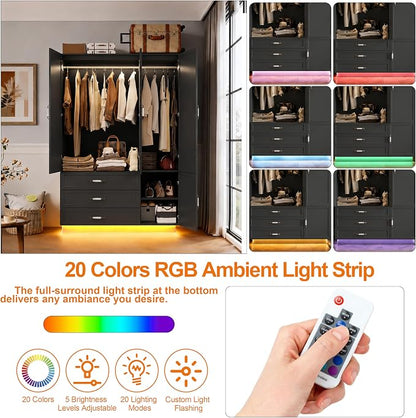 72" Armoire Wardrobe Closet with 3 Door Wooden Bedroom Armoire with LED Light 3 Drawers Large Modern Wardrobe Cabinet with Retro Ceramic Door Handles and Removable Hanging Rod Black