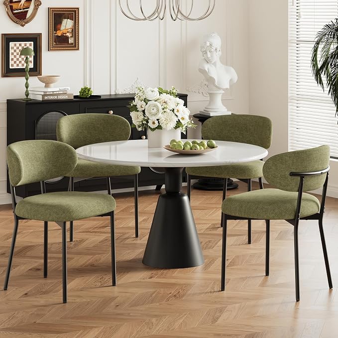 Upholstered Dining Chairs Set of 4, Modern Fabric Kitchen Chairs with Curved Backrest and Cushioned Seat, Sturdy Metal Legs, Comfortable Accent Chairs for Kitchen Dining Room, Living Room,Green