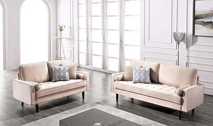 Container Furniture Direct Womble 58 Inch Velvet Loveseat Sofa with Elegant Button Tufted Upholstery, Square Arms, Splayed Wood Legs, Includes Matching Bolster Pillows, Khaki