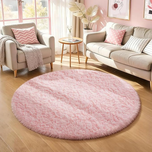 Ophanie Pink Round Rug for Bedroom Girls, Kids Fluffy Kawaii Fuzzy Shag Circle Circular Area Rugs, Cute Plush Christmas Small Carpet 4Ft 4 Foot, for Teen Baby Nursery Home Living Room Decor Aesthetic