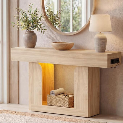 Homieasy Console Table, 47" Entryway Table with LED Lights & Charging Station, Farmhouse Wooden Sofa Table Behind Couch, Narrow Hallway Table for Living Room, Foyer, Entry, Natural Oak