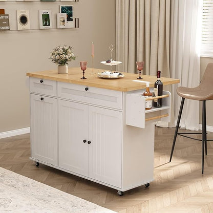 ComfyCorner 60" Rolling Large Kitchen Island on Wheels with Extendable Table, Drop Leaf & Power Outlet, Mobile Kitchen Cart with Storage Cabinet, 2 Drawers, Spice Rack, Towel & Knife Holder, White