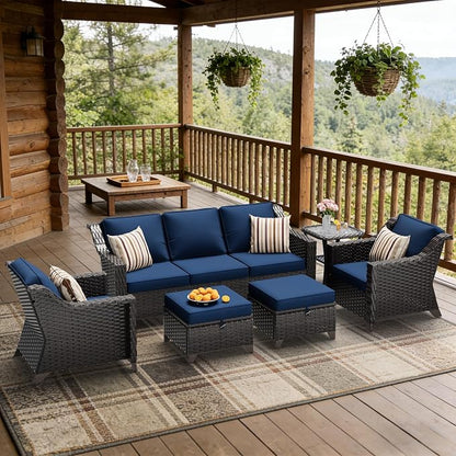 6 Pieces Patio Conversation Furniture Set - 1 Sofa, 2 Armchairs, 2 Ottomans, 1 Side Table, Outdoor Wicker Furniture with Removable Cushions for Porch, Balcony, Sunroom (Blue)
