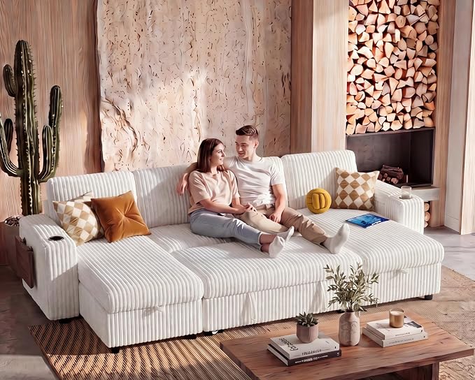 WEUP 108" Modular Sectional Sleeper Sofa with Pull Out Bed, 4 Seat Plush Corduroy U Shaped Couch with USB Ports|Cup Holders|Side Table|Storage Chaise Armrests, Tool Free Assembly, Beige