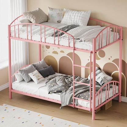 GarveeHome Metal Bunk Bed Twin Over Twin, Heavy Duty Bunkbeds Frame with Arched Guardrail and Safety Ladder, Sturdy Steel Bed for Kids Boys Girls, Space-Saving, No Box Spring Needed, Modern Pink