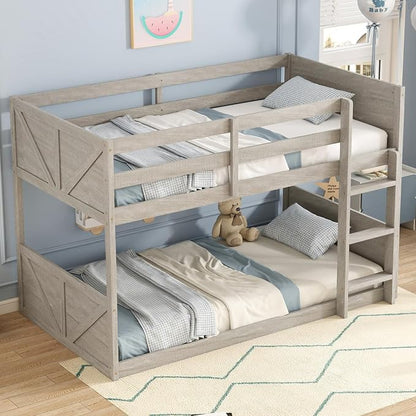 Twin Over Twin Floor Bunk Bed with Ladder,Rustic Rubber Wood Kids Beds with Panelled Headboard & Footboard,Safety Guardrails,Low-Profile Space-Saving Vintage Bunks for Children Bedroom,Antique White