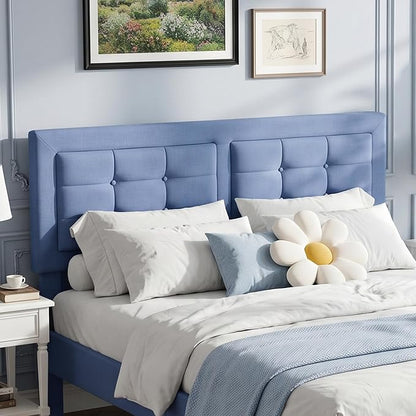 VECELO Queen Size Bed Frame, Adjustable Upholstered Button Tufted Headboard, Heavy-Duty Bedframe with Wood Slats Support, No Box Spring Needed, Light Blue