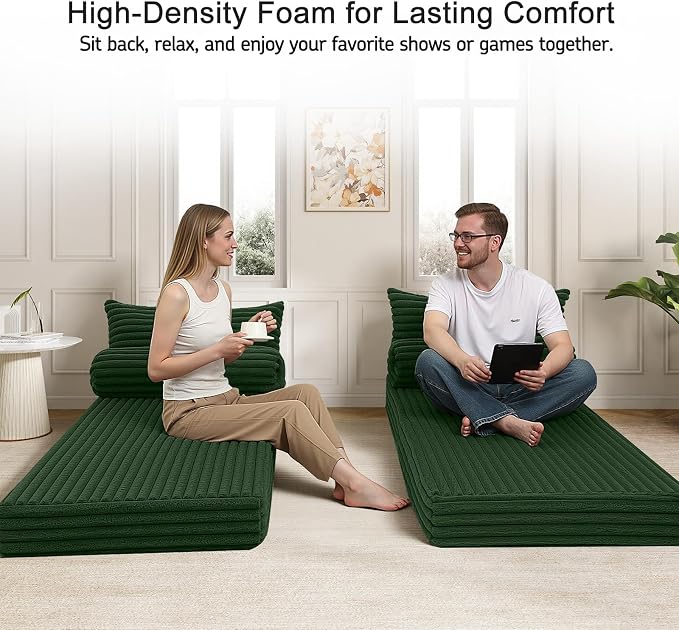 MeMoreCool Convertible Sofa Bed, Folding Floor Couch Bed Queen, Pull Out Sleeper Couch with Pillows, Fold Out Futon Sofa for Bedroom Living Room Small Space, Corduroy Green