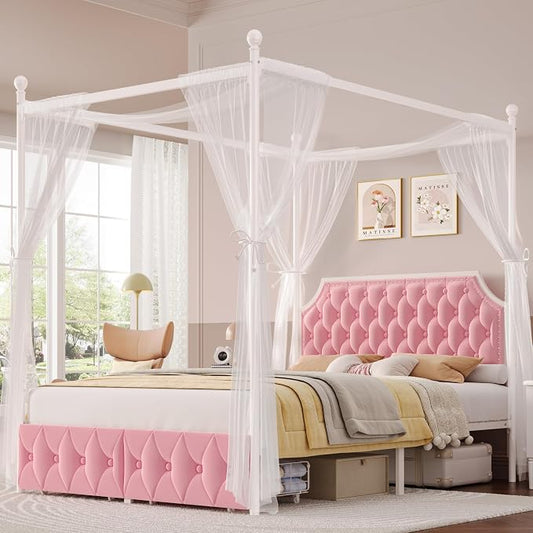 Keyluv Queen Upholstered Canopy Bed Frame with 2 Storage Drawers & Button Tufted Headboard, Metal Platform Bed with 4 Removable Posts, Two-Purpose Velvet Bed, Pink/Curtain Not Included