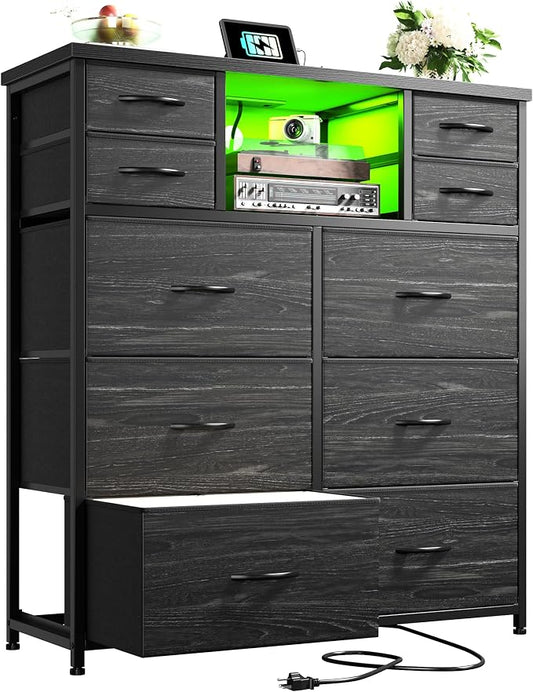 Romorgniz Black Dresser for Bedroom with LED Lights & Power Outlets 2 AC & 2 USB, Fabric 10 Drawer Dressers & Chest of Drawers with Open Shelves for Hallway Living Room Closet, Metal Frame, Wood Top