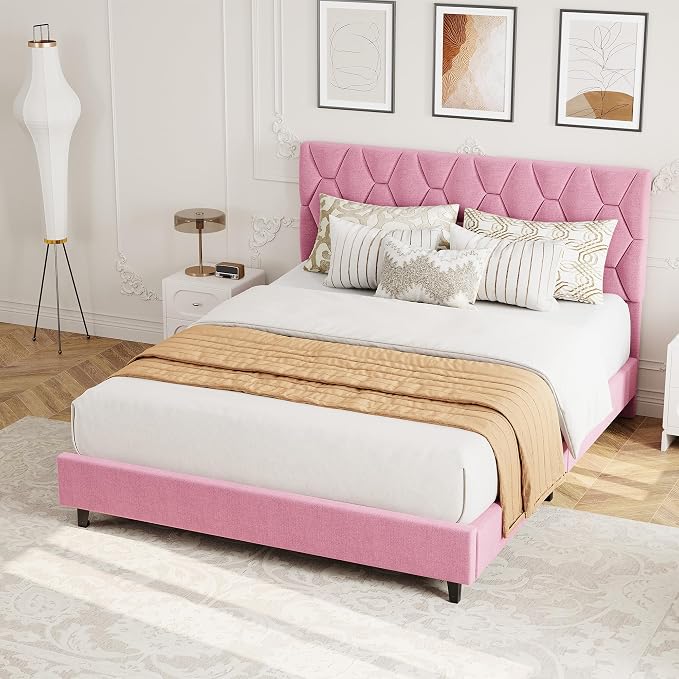 GAOMON Pink Full Bed Frame with Upholstered Headboard, Heavy-Duty Platform Bed Frame with Strong Wood Slats, No Box Spring Needed/Noise Free/Easy Assembly