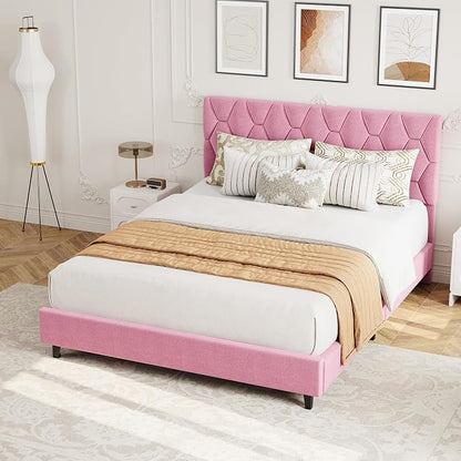 GAOMON Pink Full Bed Frame with Upholstered Headboard, Heavy-Duty Platform Bed Frame with Strong Wood Slats, No Box Spring Needed/Noise Free/Easy Assembly