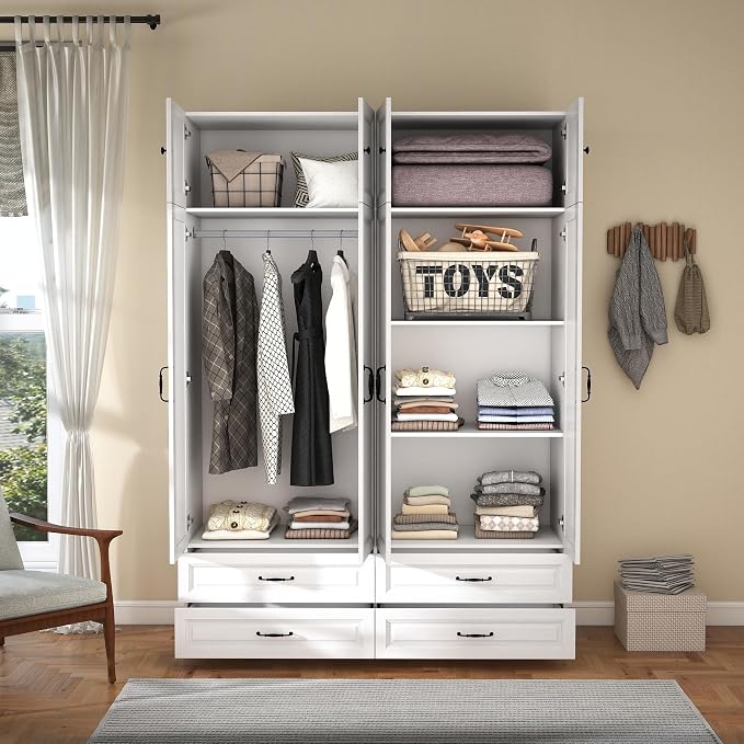 White Armoire Wardrobe Closet: 88" Extra Tall Wardrobe Closet with 4 Drawers, Bedroom Armoires with 4 Doors, Wood Large Armoire with Top Cabinet (White, 63")