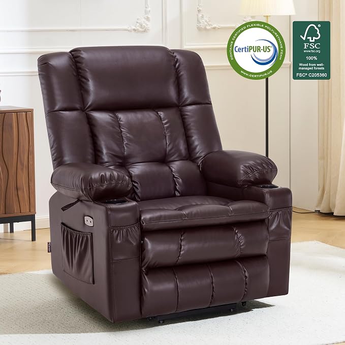 MCombo Large Dual Motor Power Lift Recliner Chair for Elderly, Zero Gravity Lift Chair with Heat and Massage, Infinite Position Lay Flat Recliner, USB Ports, Faux Leather 7896 (Dark Brown, Large)