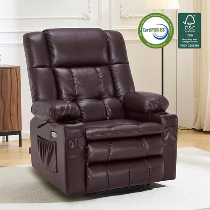 MCombo Large Dual Motor Power Lift Recliner Chair for Elderly, Zero Gravity Lift Chair with Heat and Massage, Infinite Position Lay Flat Recliner, USB Ports, Faux Leather 7896 (Dark Brown, Large)