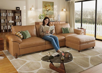 SITJOY Large Cloud Couch, 118" Wide 3 Seater L Shape, Faux Leather in Brown | Pet-Friendly Scratch-Resistant Leather Sectional Sofas for Living Room, Deep Seat Wide Couch with Chaise, Storage Ottoman