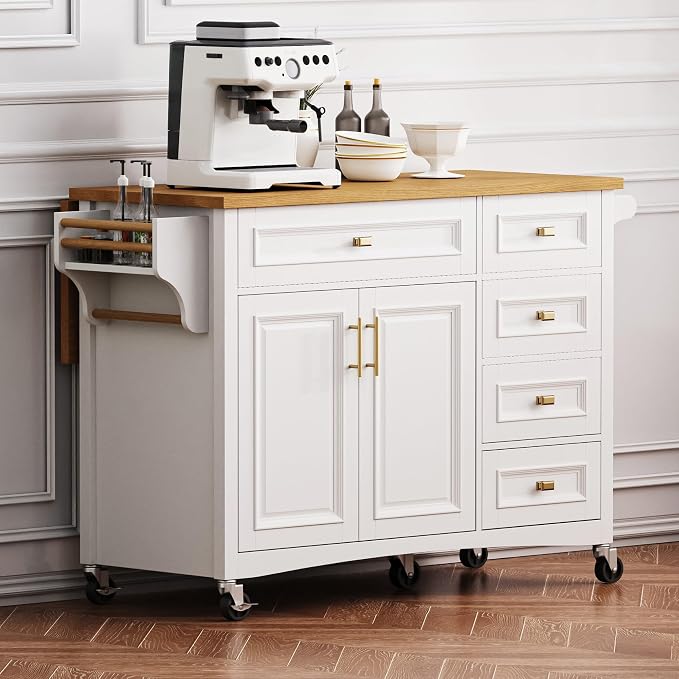 Large Kitchen Island with Rubber Wood Drop Leaf, Rolling Kitchen Cart with Ample Storage on Wheels with Doors and Drawers, Embossed Texture for Dining Room (52Inch, White, Golden Handle)