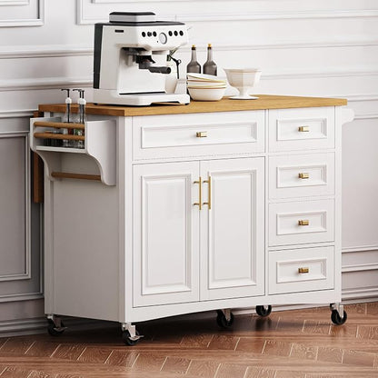 Large Kitchen Island with Rubber Wood Drop Leaf, Rolling Kitchen Cart with Ample Storage on Wheels with Doors and Drawers, Embossed Texture for Dining Room (52Inch, White, Golden Handle)