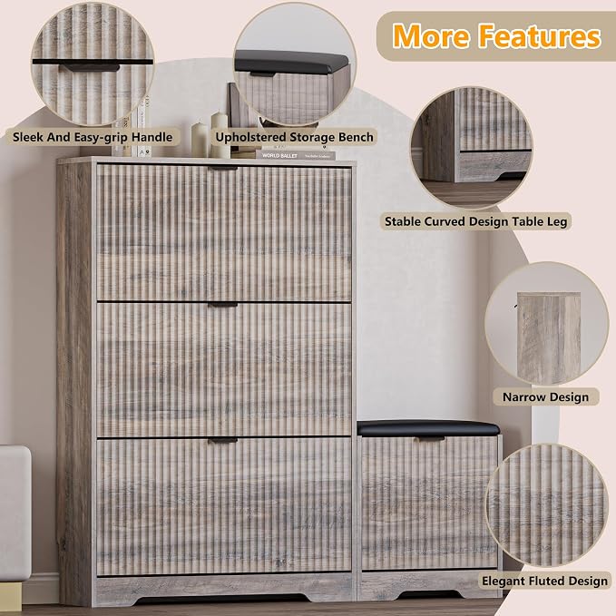 BORNOON Slim Shoe Cabinet with Bench for Entryway, Hidden Storage and Adjustable Shelves, Free Standing Wooden Shoes Organizer for Hallway, Foyer