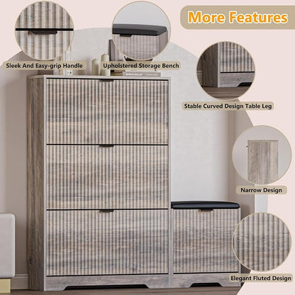 BORNOON Slim Shoe Cabinet with Bench for Entryway, Hidden Storage and Adjustable Shelves, Free Standing Wooden Shoes Organizer for Hallway, Foyer