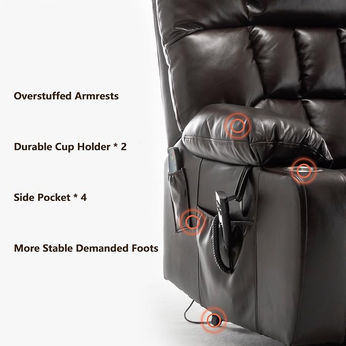 JIKFRIMA Power Lift Recliner Chair for Elderly, Dual Motor Lift Chair with Heat and Massage, Lay Flat Lift Chair for Adults, Cup Holders, Lumbar Pillow, Faux Leather, Reddish Brown